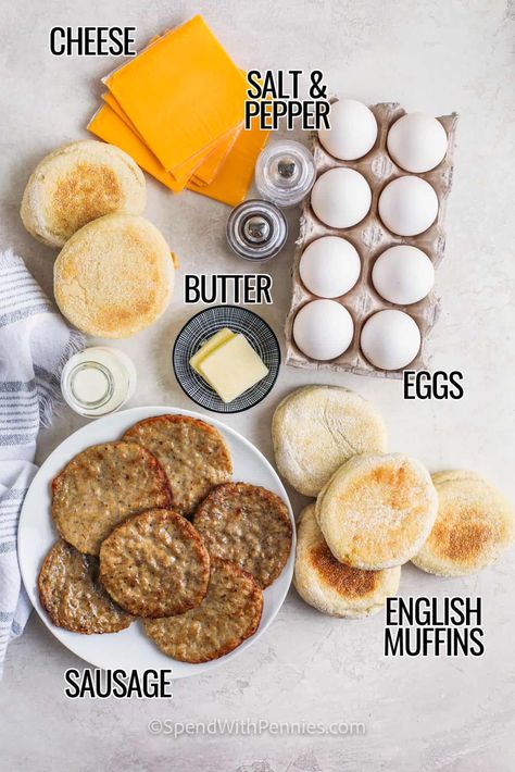 A savory breakfast sandwich is a perfect start to any day! This high-protein meal is the best for batch cooking. Crusty English muffins taste great with eggs, cheese, and sausage rounds. So easy, versatile, and delicious. Skip the drive-through and make this tasty breakfast to go! #breakfastsandwich #makeahead #spendwithpennies #freezerfriendly Breakfast Sandwich Make Ahead, Homemade Breakfast Sandwich, Sausage Egg Sandwich, Sausage Sandwich Recipes, English Muffins Sandwich, English Muffin Breakfast Sandwich, Sausage Breakfast Sandwich, Sausage Egg Muffins, Breakfast To Go