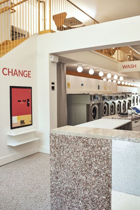 Self Laundry Shop Design, Laundry And Coffee Shop, Coffee And Laundry Shop, Laundry Coffee Shop, Modern Laundromat Interior Design, Laundromat Decor, Laundry Shop Design Ideas, Laundry Mat Ideas, Laundromat Design