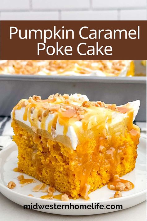 Pumpkin Poke Cake is a must-make for pumpkin season! Super moist pumpkin cake soaked in caramel and condensed milk, layered with pumpkin spice pudding, whipped topping, caramel drizzle, and toffee bits. Perfect for fall parties, Thanksgiving, Christmas, or any time you crave a decadent dessert. Save this recipe! 🍂🎃 Dessert With Pumpkin, Pumpkin Poke Cake Recipe, Paula Deen Pumpkin Bars, Pumpkin Spice Pudding, Moist Pumpkin Cake, Pumpkin Poke Cake, Easy Pumpkin Dessert, Caramel Pumpkin, Lemon Brownies