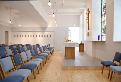 School Chapel, Sheet Rock Walls, Simple Sheets, Maple Floors, Catholic School, Wall Carpet, Church Building, House Siding, Window Wall