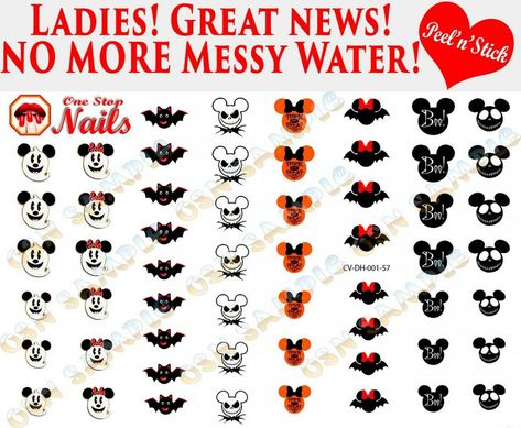 Disney Nail Decals, Disney Halloween Nails, Water Nail Art, Halloween Nail Decals, Light Colored Nails, Minnie Mouse Nails, Nail Decals Diy, Disney Decals, Nail Store