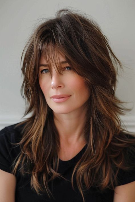 Curtain Bangs Over 40, Shag Haircut With Fringe, Haircut With Fringe, Layered Hair With Curtain Bangs, Bangs Over 40, Fringe Ideas, Long Layered Hair With Bangs, Modern Shag Haircut, Long Shag Haircut