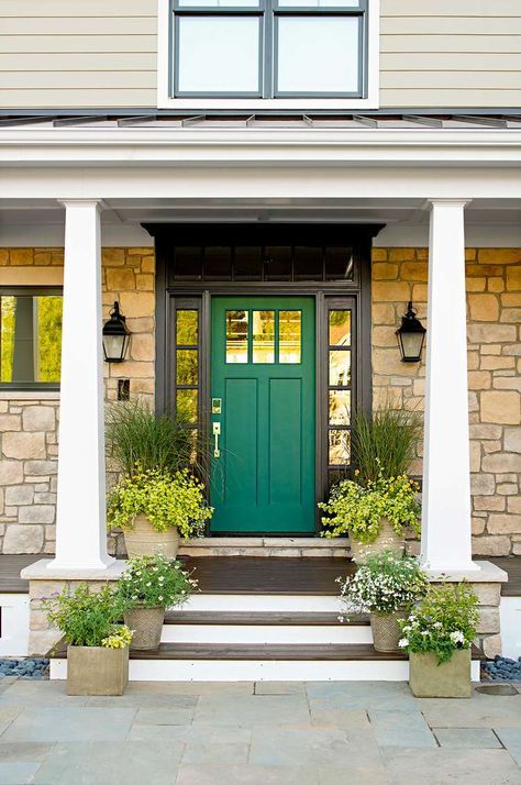 Front Door Color Brown House, Diy Ikea Table, Green Front Door Colors, Front Porch Planter Ideas, Doors Colors, Porch Planter Ideas, Best Front Door Colors, Front Door Ideas, Tan House