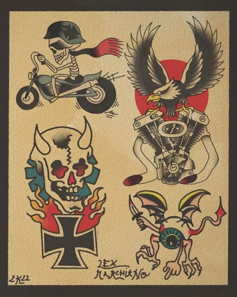 Flash sheet skull shovel head Harley Davidson eagle Traditional Biker Tattoo Old School, Old School Biker Tattoos, Traditional Biker Tattoo, Traditional Skull Tattoo Design, Ftw Tattoo, Biker Tattoos Designs, American Traditional Flash, Utah Tattoo, Traditional Tattoo Flash Sheets