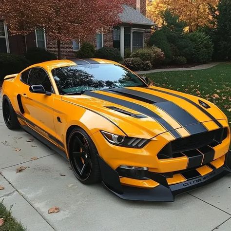 ↑↑↑ Larger size on website 🔸 A bright yellow Ford Mustang Shelby GT350R sits parked on a concrete driveway with black racing stri Yellow Mustang Gt, Gt500 Shelby, Yellow Mustang, Shelby Gt350r, Yellow Paint, Shelby Gt, Shelby Gt500, Ford Mustang Shelby, Art Idea