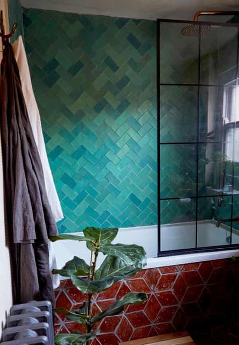 New lease of life: how to redecorate a rental property on a budget | Interiors | The Guardian Terracotta Bathroom, Terracotta Floor, Social Housing, Tile Inspiration, Green Tile, Style Tile, Renter Friendly, Vitamin D, Rental Property