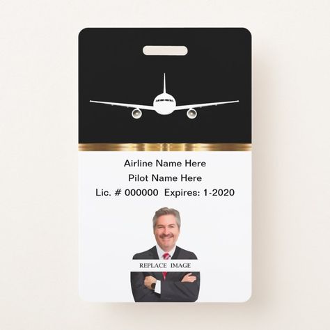 Classy Private Airline Pilot Photo ID Badge  Zazzle Pilot Photo, Private Airport, Airline Pilot, Id Card Template, Air France, White Colors, Photo Template, Christmas Card Holders, Id Badge