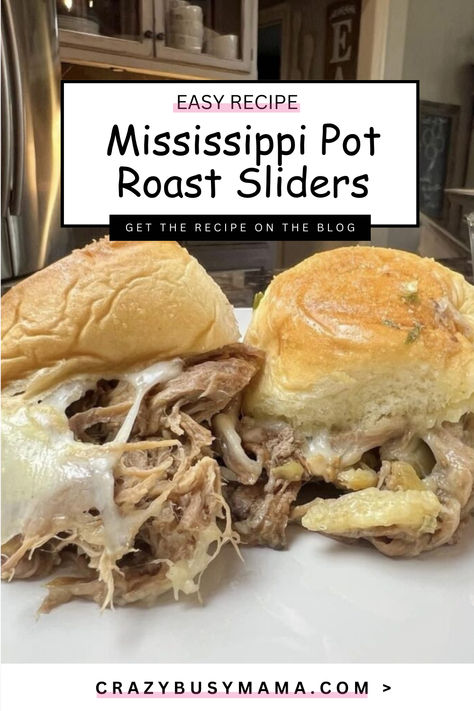 Mississippi Pot Roast Sliders (Easy Recipe) Mississippi Pot Roast Sliders, Hawaiian Roll Sliders Roast Beef Au Jus, 3 Envelope Pot Roast Sliders, Mississippi Sin Sliders, Crockpot Meals Mississippi Roast, Crazy Busy Mama Recipes, Slider Sunday, Roast Sliders, Belle Of The Kitchen Mississippi Roast