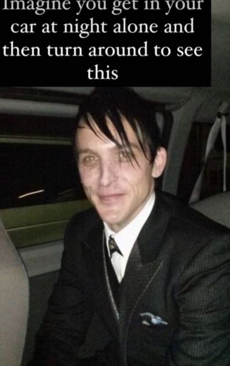 oswald cobblepot from the gotham tv series smiling in a car with the caption “imagine you get in your car at night alone and see this” Oswald Cobblepot Icon, Oswald Gotham, Riddler And Penguin, The Penguin Gotham, Gotham Oswald Cobblepot, Oswald Cobblepot Gotham, Gotham Riddler, Gotham Penguin, Gotham Memes