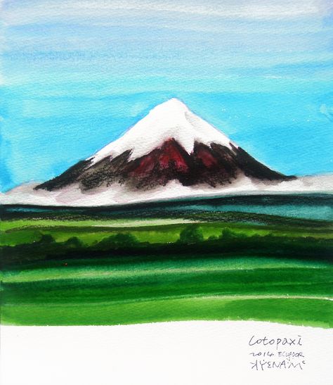 [travel paintings] cotopaxi, Ecuador Travel Painting, Travel Illustration, Mount Rainier, Painting Inspiration, Ecuador, Paintings, Natural Landmarks, Travel