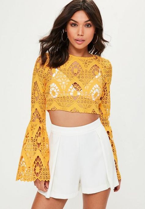 Yellow Lace Flare Cuff Crop Top Yellow Lace Top Outfit, Sheer Yellow Top Outfit, Chic Cropped Yellow Tops, Chic Fitted Yellow Crop Top, Yellow Crochet Lace Top For Festival, Fitted Yellow Crochet Lace Top, Yellow Crop Top, Yellow Lace, Cami Crop Top