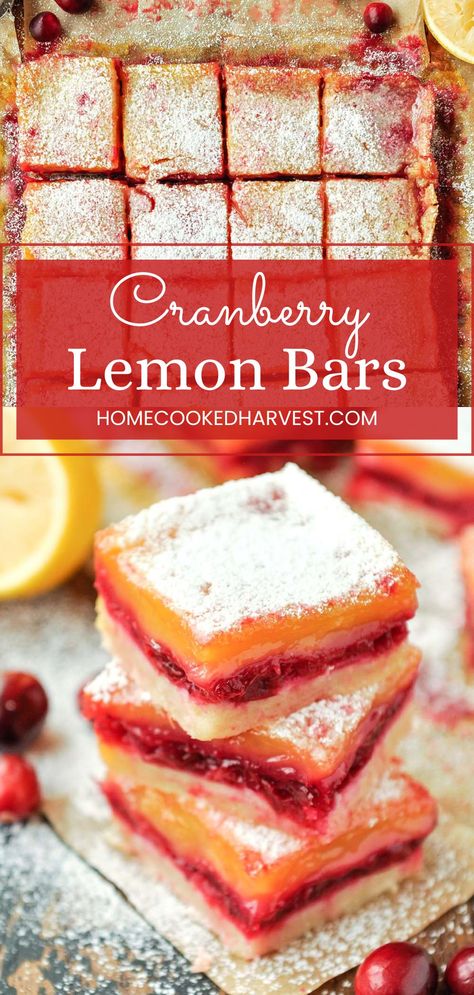 Cranberry Lemon Bars boast quite a tangy flavor since they are filled with fresh cranberries AND tart lemons! Cranberry Lemon Squares, Cranberry Lemon Bars Recipe, Lemon Fall Dessert, Lemon Cranberry Cheesecake Bars Delish, Christmas Lemon Bars, Baking With Fresh Cranberries, Cranberry Nut Bars, Cranberry Date Bars, Dessert With Fresh Cranberries