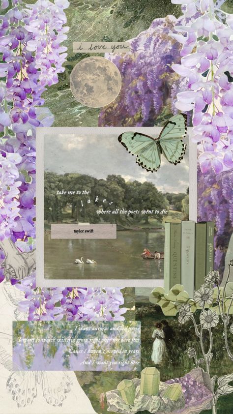 Created by lulubergen11 on Shuffles Wisteria Phone Wallpaper, Wisteria Wallpaper Aesthetic, Wisteria Aesthetic Wallpaper, Wisteria Aesthetic, Folklore Nails, Green And Purple Wallpaper, Purple And Green Aesthetic, Pinterest Posters, Vintage Art Aesthetic