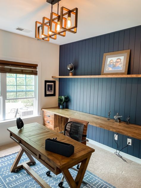 Rustic Blue Shiplap Office With Guitar Display.  The beautiful touches of woods and blue accent wall gave this office so much textures. The display of the guitars were a unique diy specific for this office. Accent Wall With Desk, Mens Office Accent Wall, Man Office Accent Wall, Shiplap Wall Office Decor, Home Office Shiplap Wall, Tile Accent Wall Office, Mens Office Wall Colors, Home Office Navy Walls, Long Floating Desk Home Office