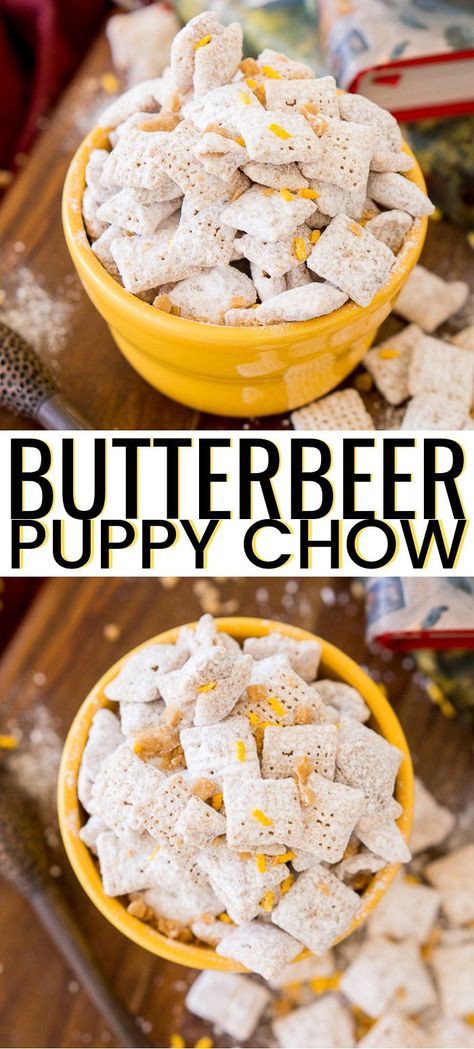 Harry Potter Butterbeer Muddy Buddies are made with rice Chex cereal, butterscotch, butter, toffee, and powdered sugar for a sweet and delicious snack! A fun twist on my Classic Muddy Buddies recipe this Butterbeer version takes this highly addictive dessert recipe to a whole new level! Harry Potter Butterbeer, Harry Potter Snacks, Harry Potter Butter Beer, Muddy Buddies Recipe, Butterbeer Recipe, Puppy Chow Recipes, Rice Chex, Chex Cereal, Chex Mix Recipes