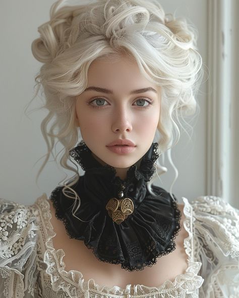 White hair #victorian #journal #junkjournal #vintagestyle Victorian Steampunk Hairstyles, Victorian Hairstyles Women, Victorian Half Up Hair, Victorian Woman Hairstyle, Victorian Hairstyles With Bangs, Victorian Women Hairstyles, Modern Victorian Hair, Victorian Inspired Hair, Victorian Vampire Hairstyles