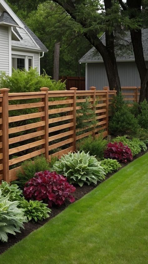 Landscaping Evergreens Front Yard, Non Privacy Fence Ideas, Landscaping Narrow Strip, Fence Line Flower Bed Ideas, Landscaping Ideas For Farmhouse, Modern Wooden Fence Ideas, Farmhouse Front Landscaping Ideas, Front Yard Property Line Landscaping, Fence Line Plants