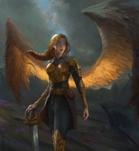 Odette, Ak1hiro on ArtStation at https://www.artstation.com/artwork/R39BxD Assimar D&d, Dnd Aasimar Art, Divine Soul Sorcerer Aasimar, Aasimar Art, Aasimar Paladin Female, D&d Online, Angel Warrior, Fantasy Races, Angel Art