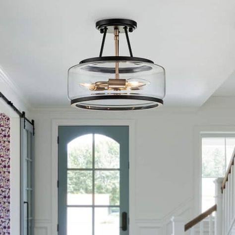 3 - Light Industrial-style Black Lantern Glass Semi Flush Mount - On Sale - Bed Bath & Beyond - 37280123 Entry Way Hallway, Entryway Light Fixtures, Semi Flush Mount Light, Living Room Entry, Entry Lighting, Hall Lighting, Industrial Style Lighting, Black Lantern, Entryway Lighting