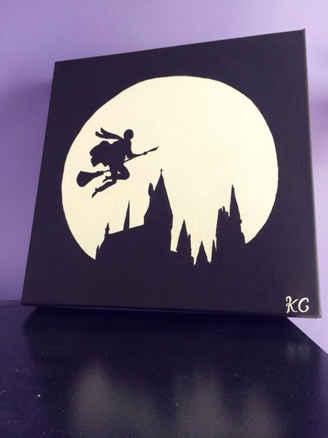 Harry Potter painting for all you nerds out there Harry Potter Canvas Painting, Hogwarts Painting, Hogwarts Silhouette, Harry Potter Silhouette, Mini Tela, Harry Potter Painting, Arte Nerd, Theme Harry Potter, Silhouette Painting