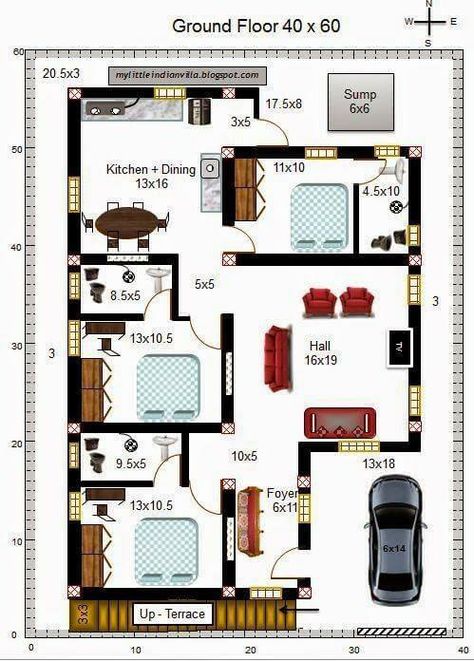 Amazing Beautiful House Plans With All Dimensions - Engineering Discoveries 40x60 House Plans, 30x50 House Plans, South Facing House, 20x40 House Plans, 2bhk House Plan, Bungalow Floor Plans, Indian House Plans, Free House Plans, Duplex House Plans