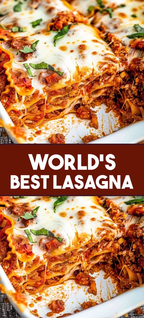 Discover the ultimate lasagna recipe that will tantalize your taste buds and satisfy your cravings! This mouthwatering homemade lasagna is a perfect blend of sweet Italian sausage, lean ground beef, and a medley of aromatic herbs and spices. Layered with creamy ricotta cheese, gooey mozzarella, and grated Parmesan, every bite is a burst of flavor. Perfect for family dinners, gatherings, or cozy nights in, this classic Italian dish is sure to become a favorite. Most Amazing Lasagna, Easy Lasagna Recipe With Ricotta, World's Best Lasagna, Worlds Best Lasagna, Homemade Bolognese Sauce, Homemade Lasagna Recipes, Lasagna Recipe With Ricotta, Classic Lasagna Recipe, Pasta Homemade