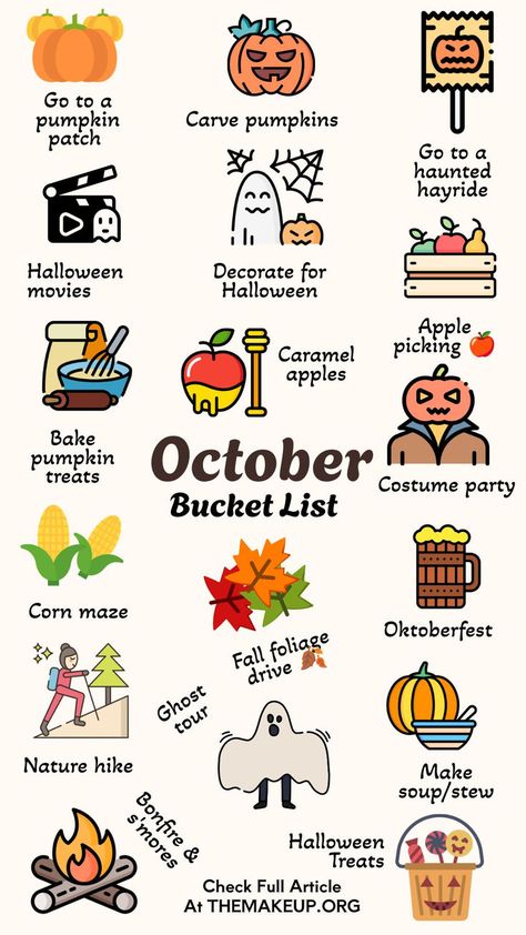 October Bucket List: Fun Fall Activities & Spooky Season Ideas October Fall Activities, Month Of October Activities, Things To Do On October 1st, Autumn Stuff To Do, Halloween Month Activities, Halloween Weekend Ideas, Things To Do On Halloween Alone, How To Celebrate Halloween, Halloween Bukett List