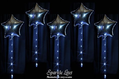 Stunning foil Stars with white Sparkle Ribbon   www.sparklelites.com Sparkle Balloons, Starry Night Prom, Balloon Dance, Night To Shine, Prom Planning, 8th Grade Dance, Starry Night Wedding, Dance Decorations, Prom Themes