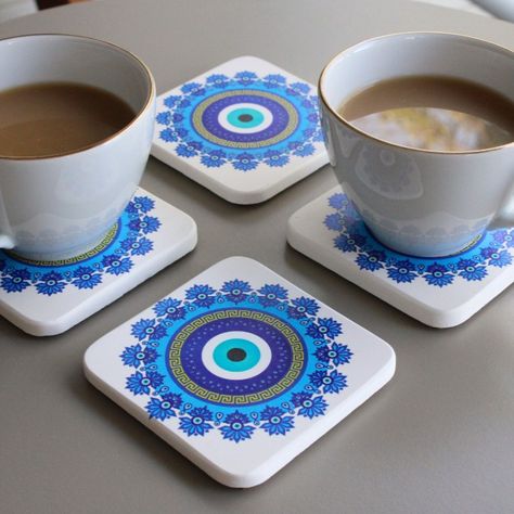 Evil Eye Greek Pattern Coaster Set, Cup Mat Set of 4 Coasters, Lucky Evil Eye Accessories, Evil Eye Coffee Table Decoration, Spiritual Gift Evil Eye Accessories, Eye Accessories, Evil Eye Art, Greek Pattern, Cup Mat, Set Of, House Entrance, Car Mirror, Table Decoration