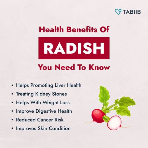 Despite the fact that the whole plant is edible, it’s the bulb of the radish which is usually eaten raw. The top of the vegetable can be used as a leaf vegetable. The raw flesh is crisp with a pungent, peppery taste which is often disliked. Nevertheless, it has various health benefits and we at TABIIB are pleased to show you how beneficial and nutritious it is. Radishes Benefits, Radish Benefits, Health Benefits Of Radishes, Clean Gut, Leaf Vegetable, Liver Health, Radishes, Eating Raw, Nutrition Health