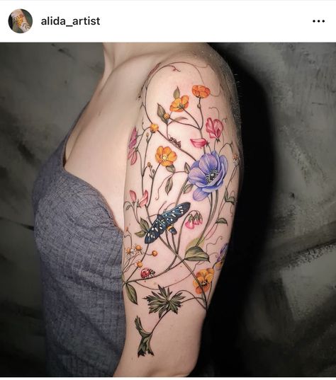 Floral Lower Back Tattoo Women, Delicate Floral Sleeve Tattoo, Realistic Wildflower Tattoo, Colorful Arm Tattoos For Women, Edgy Hand Tattoos, Tattoo Sleeve Floral, Tattoo Flower Sleeve, Wildflower Sleeve, Fine Line Floral Tattoo