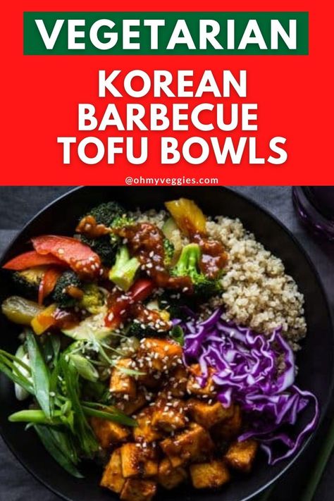 This recipe is full of fresh veggies, quinoa, and tofu, making these Korean Barbecue Tofu Bowls a complete vegan meal in a convenient bowl. Bbq Tofu Bowl, Korean Bbq Tofu, Veggie Meal Ideas, Lunch For One, Tofu Bowls, Tofu Bowl, Instant Pot Quinoa, Meal In A Bowl, Meatless Dinners