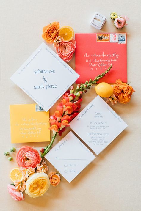 Colorful Spring Wedding Invitations, Summer Wedding Stationary, Summer Wedding Details, Colorful Wedding Invites, Colorful Minimalist Wedding, Summer Wedding Invites, Sunset Wedding Invitations, Citrus Wedding Invitations, Summer Wedding Cake