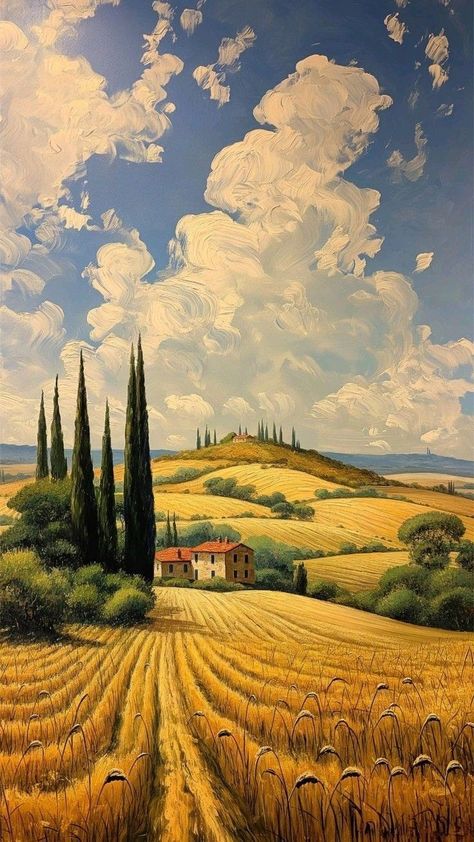 Tuscany Paintings, Village Scene Drawing, Artistic Landscape, Tuscany Landscape, Surreal Scenes, Western Artwork, Magic Land, Architectural Sculpture, Italy Landscape