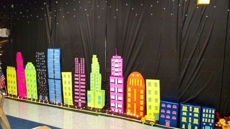 1st wall of City Skyline. Love the stars in the sky! Architecture Birthday, Ready Set Move Vbs, Godzilla City, Vbs Snacks, Broadway Theme, Superhero Vbs, 2023 Decor, Homecoming Floats, City Backdrop