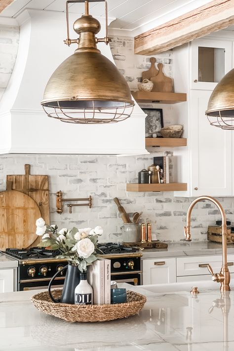 Magnolia Home Kitchen, Bonnie Ryan, Modern Rustic Home Decor, Magnolia Kitchen, Magnolia Home Decor, Modern Rustic Home, White Marble Kitchen, Magnolia Table, Brass Kitchen Faucet