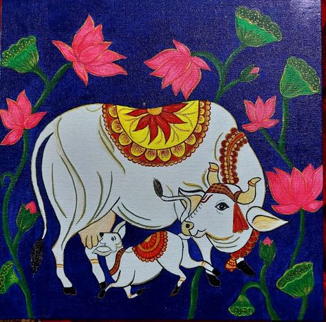 Kaamdhenu cow painting Cow Fabric Painting, Kamadhenu Painting, Pichwai Cow Sketch, Cow Rangoli, Pichwai Paintings Cows, Pichwai Cow, Cow Paintings On Canvas, Bird Paintings On Canvas, Pichwai Painting