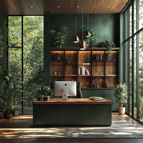 How Aluminium Composite Panel Design in Forest Green and Bronze Brings Nature Indoors • 333k+ Inspiring Lifestyle Ideas Biophilic Design Interiors Offices, Deep Green Office, Aluminium Composite Panel Design, Modern Industrial Office Space, Dark Green Office Ideas, Green Office Interior, Moody Green Office, Forest Green Office, Contemporary Study Room