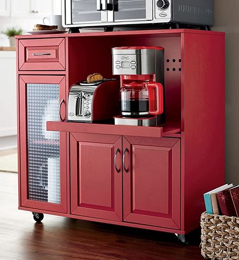 Amazon.com - PHI VILLA Kitchen Cart on Wheels Microwave Cart with Storage Cabinet Movable Kitchen Island Cart with Extendable Shelves Towel Rack and Drawers Burgundy - Storage Islands & Carts Kitchen Island With Microwave, Island With Microwave, Textured Glass Door, Microwave Cart, Portable Kitchen Island, Microwave Cabinet, Microwave Shelf, Kitchen Appliance Storage, Rolling Kitchen Cart