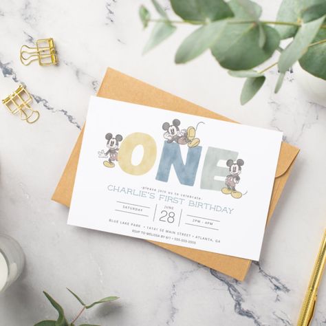 Mickey Mouse Watercolor First Birthday Invitation Mickey Mouse Birthday Aesthetic, Disney 1st Birthday Boy, Disney First Birthday Boy, Modern Mickey Mouse Birthday, Baby Mickey Mouse 1st Birthday, Watercolor First Birthday, Mickey Mouse Watercolor, Γενέθλια Mickey Mouse, Mouse Watercolor