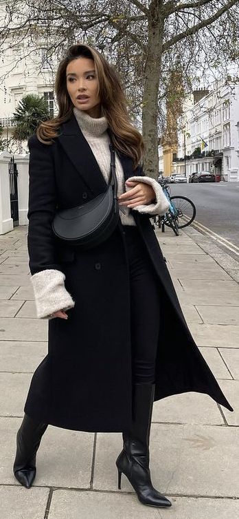 Black Overcoat Outfit Women, Classy Black Outfits For Women, Long Black Coat Outfit, Classy Black Outfits, Black Outfits For Women, Capsule Style, Black Coat Outfit, All Black Outfits For Women, Black Overcoat