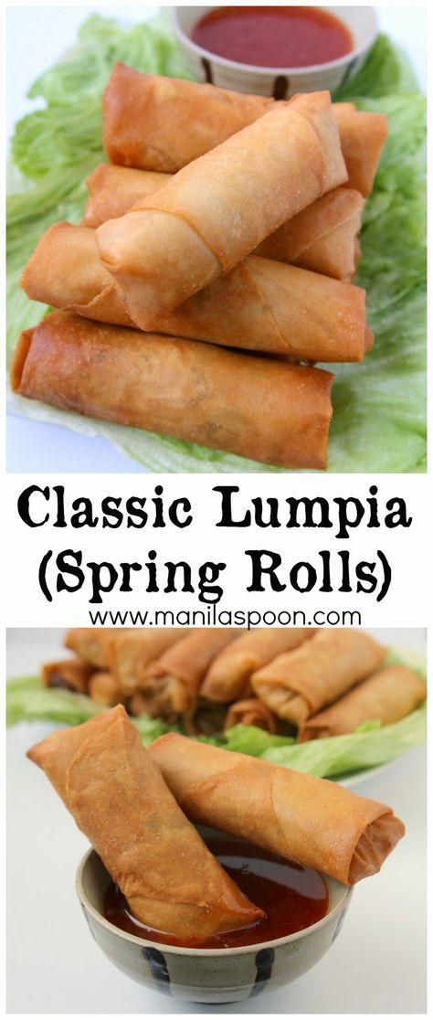 These crunchy and delicious spring rolls (Lumpia) are the perfect appetizers for Thanksgiving, Christmas, New Year or any holiday party and great for snacking, too. Fully vegetarian. #lumpia Dips Vegetarian, Vegetarian Spring Rolls, Parties Food, Diy Easy Recipes, Food Appetizers, Ideas Food, Thanksgiving Appetizers, Perfect Appetizers, Spring Rolls