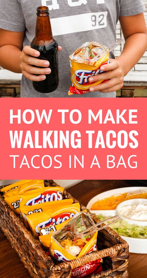 Tacos Bar, Tacos In A Bag, Walking Taco Bar, Walking Tacos Recipe, Taco In A Bag, Frito Chili, Frito Chili Pie, Taco Bar Party, Chili Pie