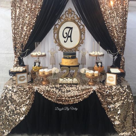 Cake Table Ideas Birthday Women, Black And Gold Treat Table Ideas, Retirement Party Cake Table, Black And Gold Candy Table Ideas, 50th Birthday Cake Table Ideas, Black And Gold Birthday Table Decor, Dessert Table Black And Gold, Black And Gold Cake Table, Gold And Black Dessert Table