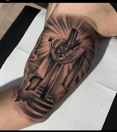 Angle Tattoo For Men, Jesus Forearm Tattoo, Religous Tattoo, Inside Bicep Tattoo, Unique Cross Tattoos, Memorial Tattoo Ideas, Shoulder Sleeve Tattoos, Inner Arm Tattoos, Chicano Tattoos Sleeve