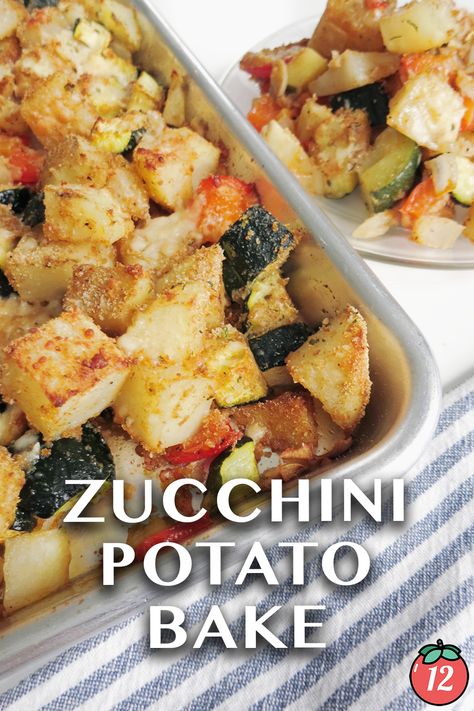 Zucchini Potato Bake | 12 Tomatoes Tomato Potato Zucchini Squash Casserole, Zucchini Squash Potato Recipes, Tomato And Potato Recipes, Zucchini Sweet Potato Recipes, Zucchini And Potato Recipes, Potato Zucchini Bake, Potato Tomato Recipe, Zucchini Squash Casserole, Baked Red Potatoes