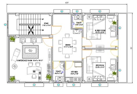 House Ground floor plan with furniture layout drawing for 25 by 50 feet plot size which consist conference cum drawing room, dining area, kitchen, 2 double bedrooms with an attached toilet and 1 general toilet and inside staircase. also has additional drawing such as a column layout and door window marking detail. download 2 BHK house furniture layout plan drawing DWG file. Floor Plan With Furniture, Furniture Layout Plan, Guest House Plans, 2 Storey House Design, 2 Storey House, Two Bedroom House, Layout Plan, Funny Morning Pictures, Duplex House Plans