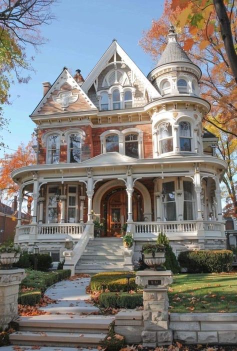 Victorian Homes Fall, Victorian House In The Woods, Victorian Townhouse Exterior, Historical Victorian Homes, Old Style Homes Exterior, Fall Victorian House, Old Houses Exterior, Witchy Victorian House, Victorian Coastal Home