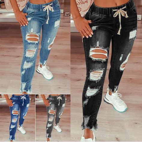 Effortless Fall Outfits, Jeans Female, Womens Ripped Jeans, Elastic Waist Jeans, High Street Fashion, Jeans Ripped, Pants Fit, Slim Denim, Jeans Fashion