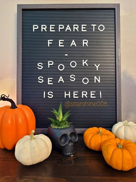 Black letter board with white letters that says "prepare to fear - spooky season is here. @starshine006" Around the letter board are small orange and white pumpkins and a ceramic skull pot that has a small succulent in it. Letterboard September, Spooky Message Board, Halloween Memo Board, Halloween Sign Board Quotes, Halloween Board Quotes, Spooky Letter Board Quotes, September Letter Board Ideas, Halloween Letterboard Ideas, September Letter Board Quotes